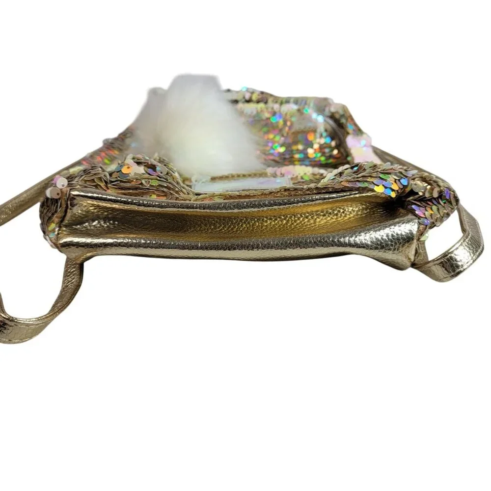 Justice Monogram E Sequin Mini Backpack Gold Unicorn Zipper Pockets Furry Adj